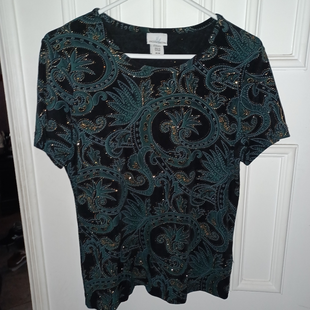 Jaclyn Smith - Green & Black Blouse With Gold Glitter Size MEDIUM